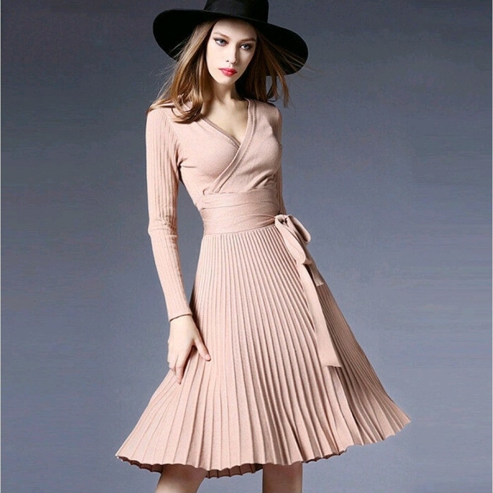 Elegant‎ Nude Beige V-neck Knit Pleated Ribbed Knitted Tie Waist Wrap Dress Sz L